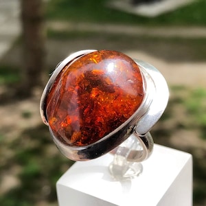 Vintage Baltic Amber Ring in 925 Sterling Silver - Orange Spectacular Baltic Amber Jewelry Natural Amber Rings For Women