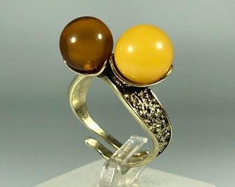 Handmade Baltic Amber Ring: Goldplated Sterling Silver, Adjustable Band