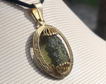 Rough Moldavite Pendant in Gold-Plated 925 Sterling  Silver, Tektite Vltavin  Meteorite Jewelry.