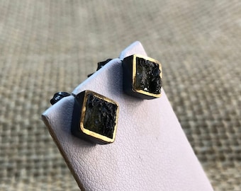 Handmade Moldavite Earrings – Brutalist 925 Sterling Silver with Gold-Plated Inlays
