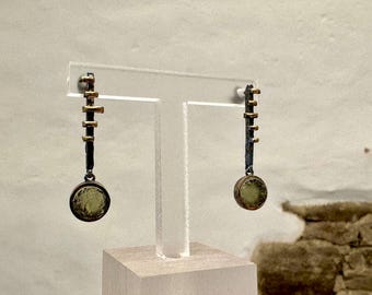 Handmade Moldavite & Garnet Earrings – 925 Sterling Silver with Gold-Plated Details, Brutalist Square Design