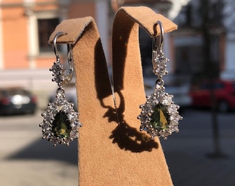 Genuine Moldavite Sterling Silver Earrings with Zirconium Stones