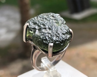 Handmade Moldavite Ring: Rough Gemstone, 925 Sterling Silver