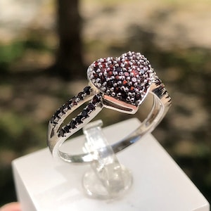 Almandine Garnet Heart Ring in 925 Sterling Silver | Handcrafted Romantic Gemstone Jewelry, Almandine Pyrope Jewelry.