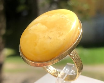 Baltischer Bernstein Ring: Vergoldetes 925er Silber, verstellbarer Statement-Schmuck