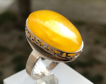 Handmade Baltic Amber Ring: Yellow Sterling Silver Adjustable Band