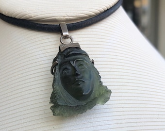 Genuine Moldavite Carving Face Cutted Pendant 100% Natural  Vltavin From Czech Republic  925 Sterling Silver. Unisex Pendant