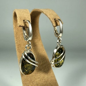 Handcrafted Green Amber Earrings: 925 Sterling Silver Dangle Earrings