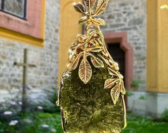 Genuine Moldavite Rough pendant 100% Natural With Certified Gemstone From Czech Republic Gold-Plated 925 Sterling Silver.