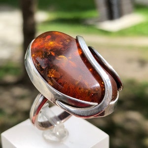Vintage-Inspired Baltic Amber Ring in Textured 925 Sterling Silver | Handcrafted Women&#39;s Statement Baltic Amber Jewelry.