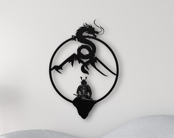Samurai Dragon Metal Art / Japanese Wall Decor | 3D Silhouette | Zen Garden