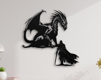 Fantasy Dragon & Knight Metal Wall Art (Indoor or Outdoor Display)
