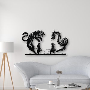 Japanese Samurai Metal Wall Art Decor 3D Outdoor Modern Asian Dragon Metal Wall Art Silhouette Exterior Weatherproof Wall Hanging Yard Sign