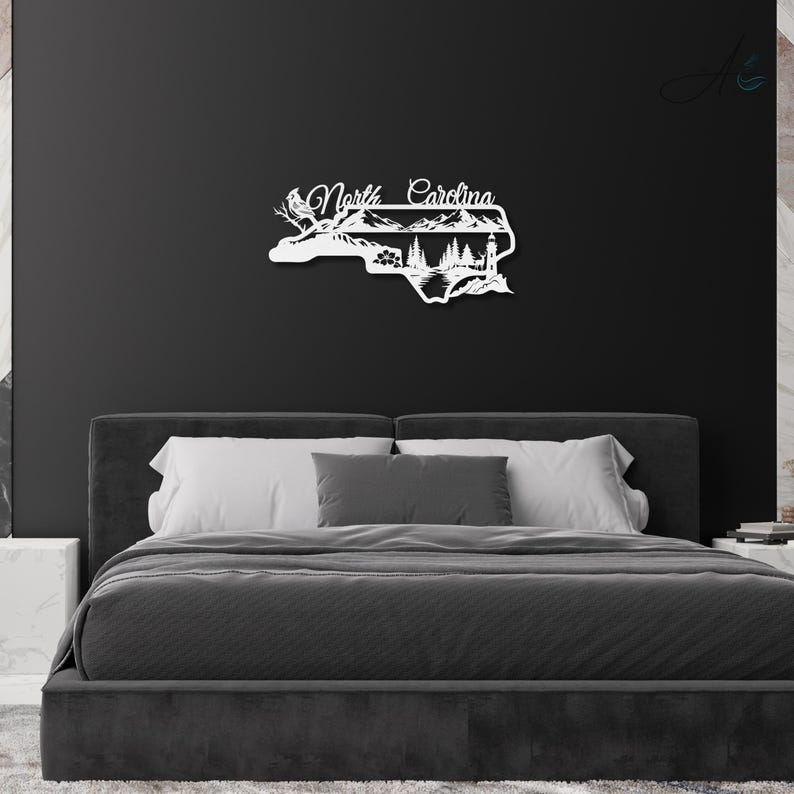 North Carolina state outline metal sign displayed in a modern home bedroom.
