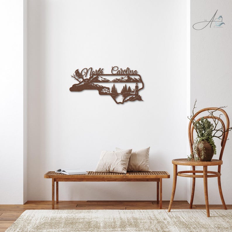 North Carolina state outline metal sign displayed in a rustic home entryway.