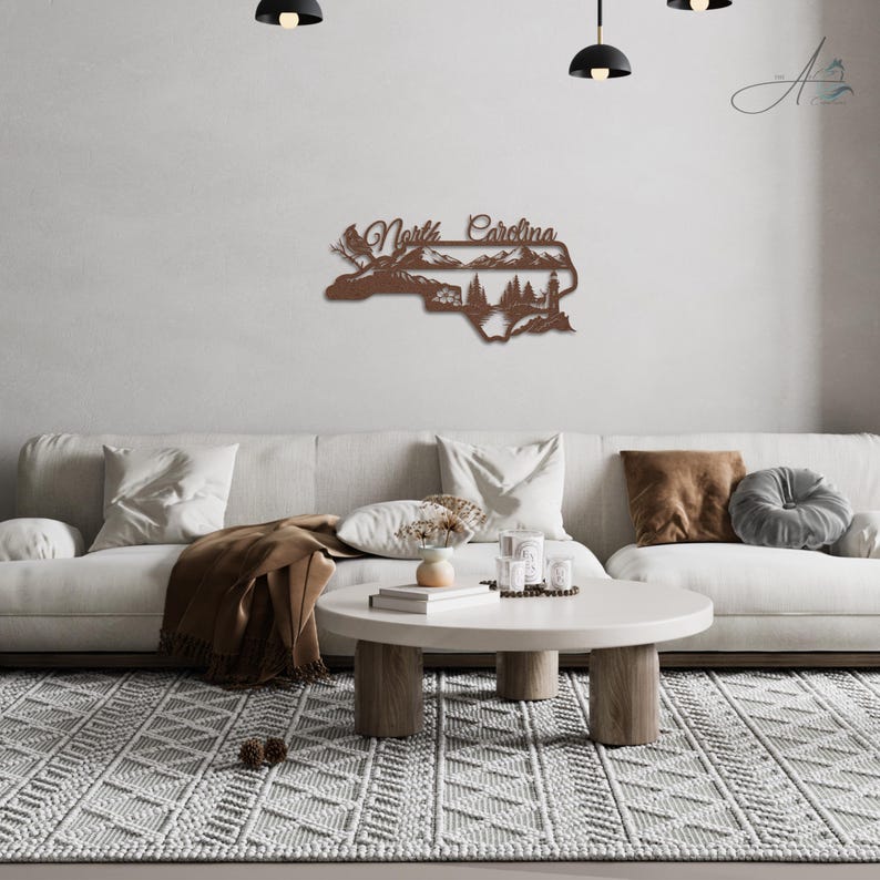 North Carolina state outline metal sign displayed in a modern home living room.