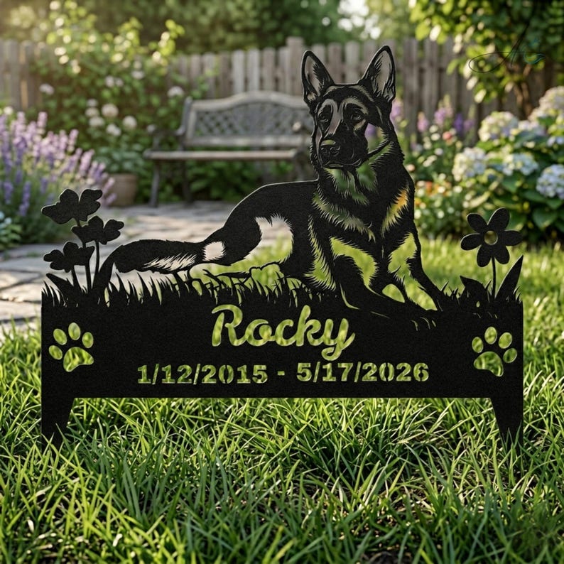 May include: A black metal garden memorial stake featuring a silhouette of a German Shepherd dog lying down, surrounded by flowers and paw prints. The text reads Rocky and the dates 1/12/2015 - 5/17/2026, centered on the rectangular base.