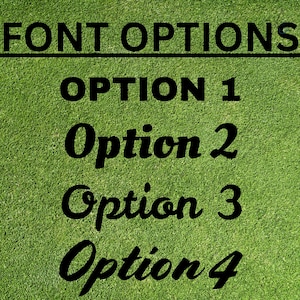 May include: A graphic display on a green grass background featuring the text FONT OPTIONS at the top, followed by four distinct text styles labeled as Option 1, Option 2, Option 3, and Option 4, each presented in a bold black typeface for selection.