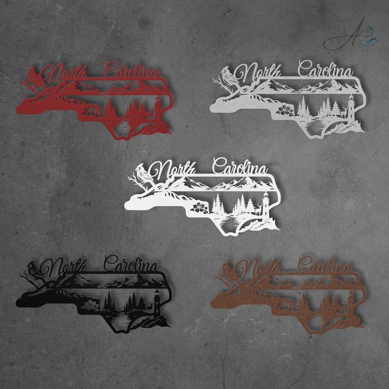 North Carolina metal sign shown in black, white, silver, red, and copper powder‑coated finishes.