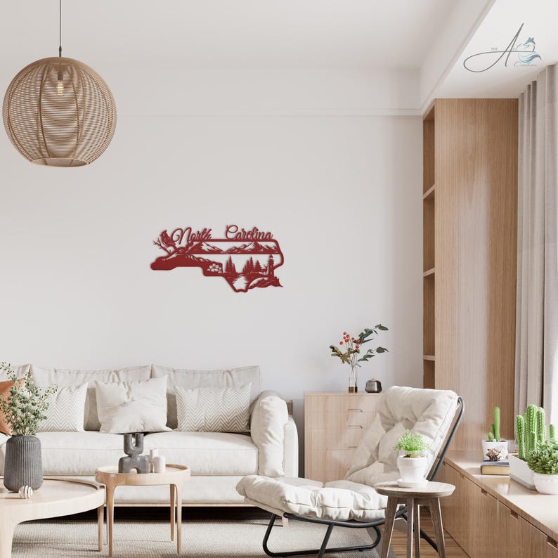 North Carolina state outline metal sign displayed in a modern home living room.