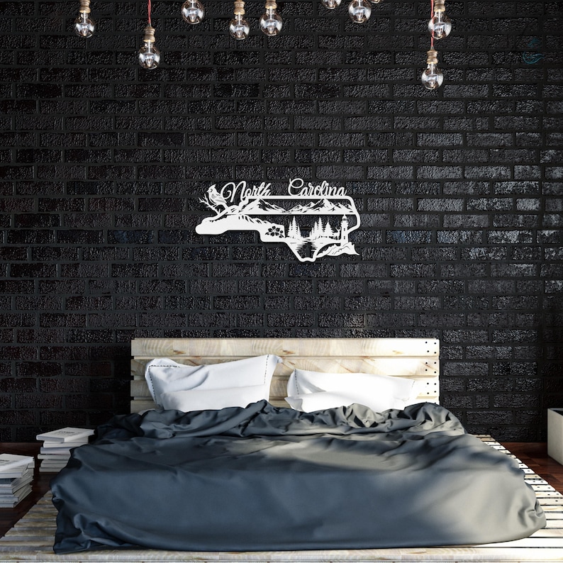 North Carolina state outline metal sign displayed in a rustic home bedroom.