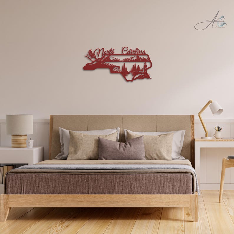 North Carolina state outline metal sign displayed in a modern home bedroom.