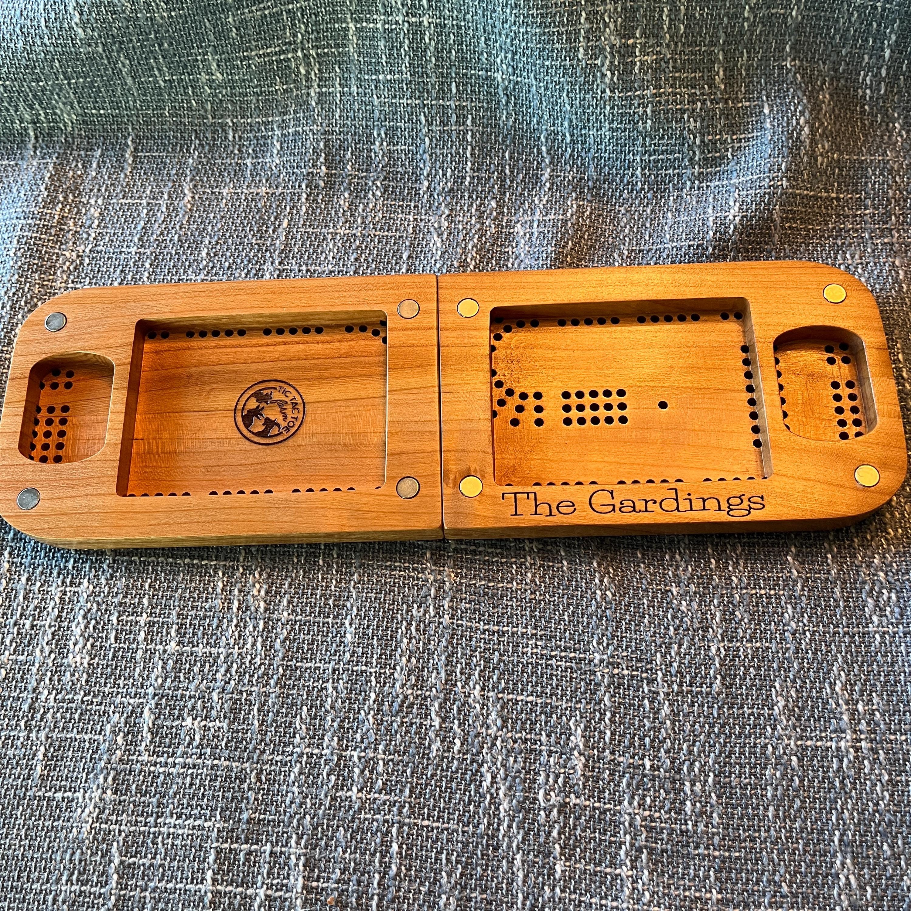 Custom Travel 3 Player Track Cribbage Board - Solid Wood  - 2 pieces connected with magnets - free shipping - free personalization