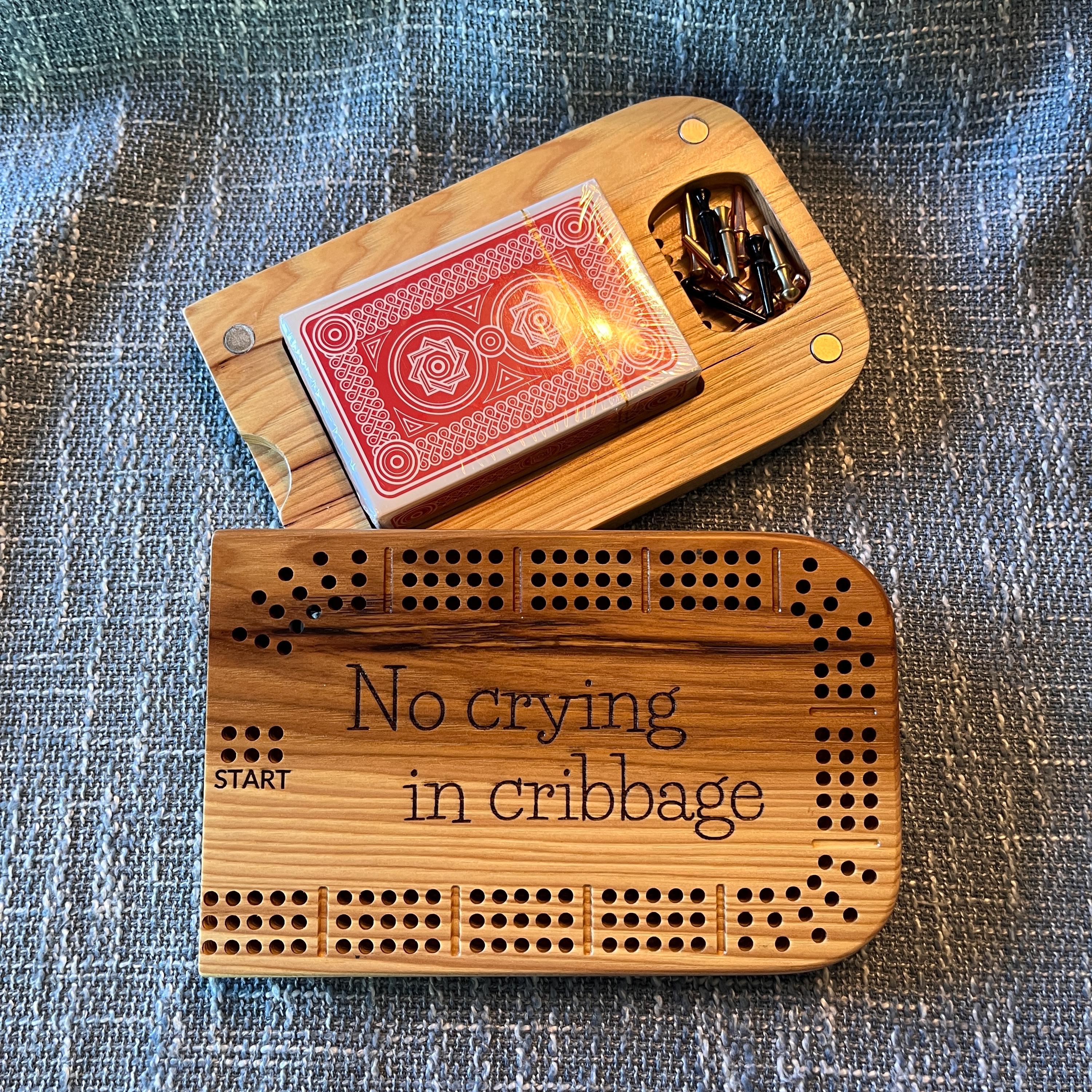 Custom Travel 3 Player Track Cribbage Board - Solid Wood  - 2 pieces connected with magnets - free shipping - free personalization