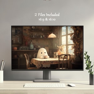 May include: A computer monitor shows a charming illustration of a ghost character at a table, sipping tea. The scene is set in a vintage dining room with warm lighting and autumn decorations. The text "2 Files Included 16:9 & 16:10" is displayed on the screen.