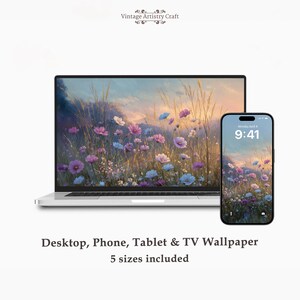 Wildflower Meadow Sunset Wallpaper Set, Cottagecore Floral Aesthetic, 4K Desktop Phone Tablet Background, Vintage Spring Landscape Art
