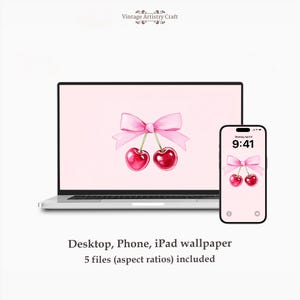 May include: A laptop and smartphone display a pink wallpaper with a watercolor illustration of two cherries and a pink bow. The text "Desktop, Phone, iPad wallpaper" and "5 files (aspect ratios) included" is below the devices. The time on the phone is 9:41.
