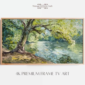 May include: A painting of a lush green forest scene with a river flowing through it. The river is painted in shades of blue and green, with sunlight reflecting on the water. A large tree with thick branches hangs over the river, casting a shadow on the water.