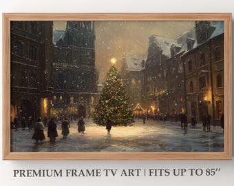 Winter Samsung Frame TV Art, Christmas Tree, Warm Street Town, Moody Farmhouse TV Decor, Vintage Oil Painting, 4K Instnat Digital Download
