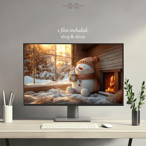 Sfondo desktop natalizio con pupazzo di neve carino e charmy 4K per PC Mac Laptop Windows Macbook Sfondo festivo per le vacanze invernali Download digitale istantaneo