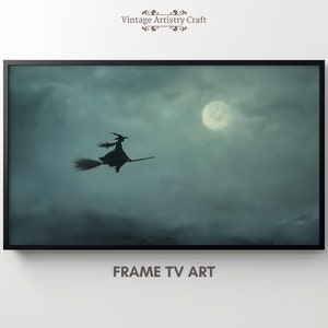 May include: A black silhouette of a witch flying on a broomstick against a dark blue and green cloudy sky with a full moon in the background.  FRAME TV ART is written in white text at the bottom of the image.