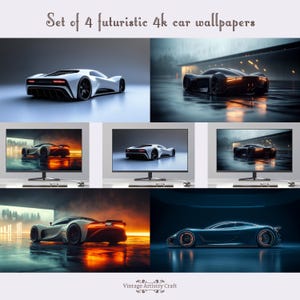 May include: A set of four futuristic 4K car wallpapers. The images showcase sleek, modern car designs in various settings, including a white car with black accents, a black car with orange lights, and a blue car with orange rims. The text "Set of 4 futuristic 4k car wallpapers" is at the top.