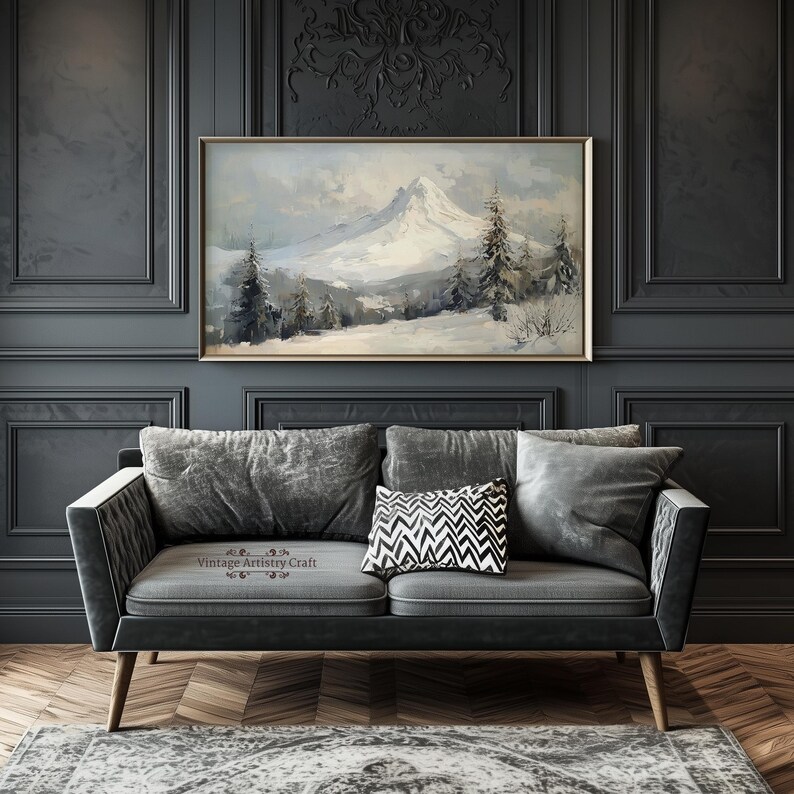 Winter Frame TV Art, Snowy Mountain Landscape, Vintage Style Textured ...
