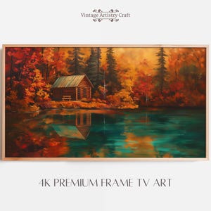 May include: A painting of a small wooden cabin nestled in a forest with fall foliage. The cabin is reflected in a still lake in front of it. The painting has a warm, autumnal color palette.