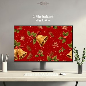 Weihnachtsglocken-Desktop-Hintergrundbild, rotes und goldenes MacBook-Hintergrundbild, festlicher Laptop-Hintergrund, Vintage-Weihnachts-4K-Digital-Download
