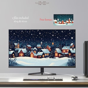 Puede incluir: Una ilustración digital de una escena de pueblo de invierno nevado con casas, árboles y nieve cayendo. La imagen se muestra en un monitor de computadora en un escritorio con un teclado. El texto "2 archivos incluidos 16x9 & 16x10" y "Bono gratis" es visible en la imagen.
