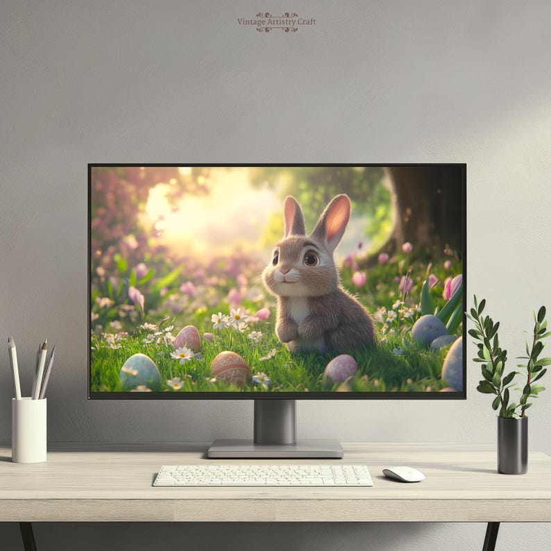 Easter Wallpaper Cute Bunny Wildflowers Charming Spring Desktop 4K PC