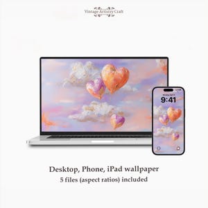 Fondo de pantalla de globos de corazón pastel en las nubes, romántico fondo de San Valentín para teléfono, tableta, iPad, computadora portátil y TV.