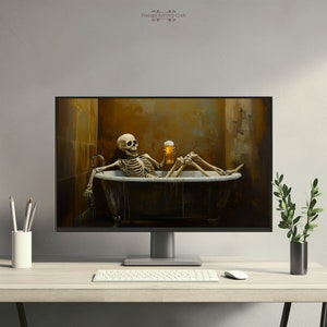 May include: A digital illustration of a skeleton relaxing in a bathtub with a glass of beer. The skeleton is wearing a relaxed expression and has one leg resting on the edge of the tub. The bathtub is white and has a gold rim. The background is a yellow-toned bathroom with a tiled wall.