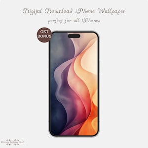 Puede incluir: Descarga digital de un fondo de pantalla para iPhone abstracto con tonos de naranja, rosa, morado y azul que se arremolinan. El texto "Descarga digital Fondo de pantalla iPhone perfecto para todos los iPhones" está en la parte superior de la imagen.