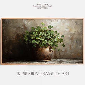 St Patricks Day Samsung Frame TV Art, Clovers Digital Download, Green Shamrock Irish Inspired Holiday Decor, Leprechaun Pot Spring Artwork