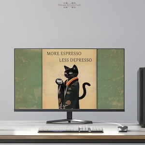 以下が含まれることがあります： 着物姿の黒い猫がコーヒーカップを持っている、ビンテージスタイルのポスター。ポスターのテキストは「もっとエスプレッソ、もっとハッピー」です。