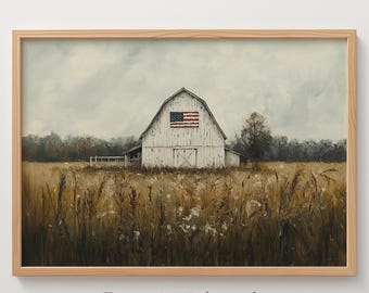 May include: A framed wall art print featuring a painting of a white barn with an American flag on the front, situated in a golden field under a cloudy sky. The text Vintage Artistry Craft and Printable Wall Art appears above and below the frame.