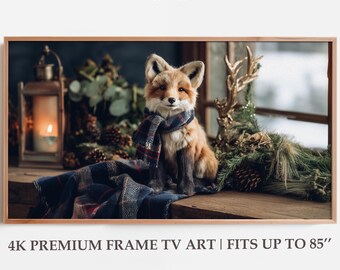 Ralph Lauren inspiriert Stil Weihnachtsfuchs Kunst, Tartan Plaid Urlaub Dekor, gemütliche Winter Kabine, 4K rustikale Hauswandkunst für Samsung Frame TV