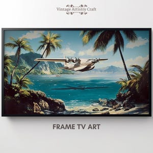 May include: A vintage illustration of a white seaplane flying over a tropical island with palm trees and blue water. The seaplane has red accents and the text "BRANIFF" on the side. The image has a retro feel and is perfect for a vintage travel poster or print.