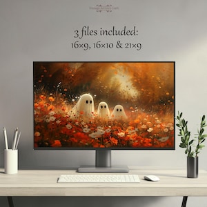 May include: A digital illustration of three white ghosts in a field of orange and white flowers. The background is a blurry image of a forest with a golden sunset. The text "3 files included: 16x9, 16x10 & 21x9" is displayed at the top of the image.